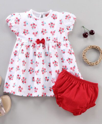 Babyhug 100%Cotton Frock With Bloomer Floral Print - White Red
