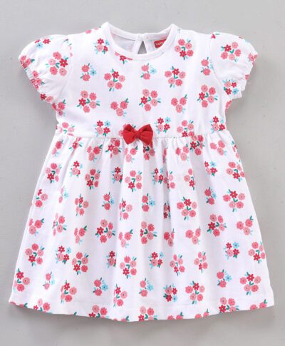 Babyhug 100%Cotton Frock With Bloomer Floral Print - White Red - Image 5