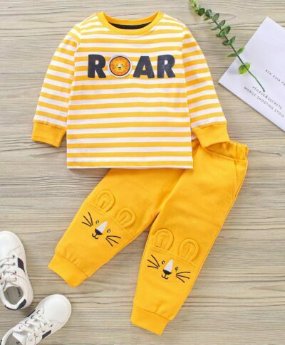 Babyhug Full Sleeves Striped Tee and Lounge Pants Set with Patch and Applique - Mustard