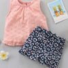 Babyhug Sleeveless Top Shorts Schiffli Embroidery Leopard Print Peach Blue