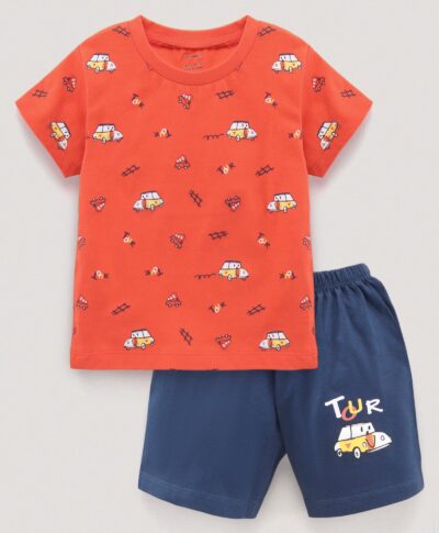 Cucumber Half Sleeves T-shirt and Short Set Car Print - Red Blue